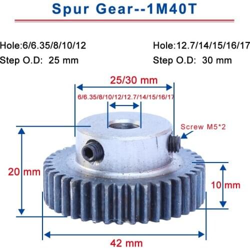 1Piece 1M40T Spur Gear Bore 6/6.35/7/8/10 /12/12.7/14/15/16/17/20 mm Motor Gear Low Carbon Steel Material metal Gear for motor