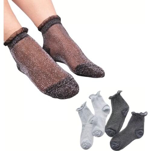 10pcs=5pairs Womens Socks Meias Fashion Crystal Silk Lace Funny Socks Women Shiny Short Socks Transparent Elastic Funny Socks