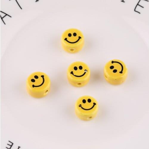 6pcs diy jewelry handmade beaded material bracelet necklace accessories yellow round flat cartoon smiley printed ceramic beads