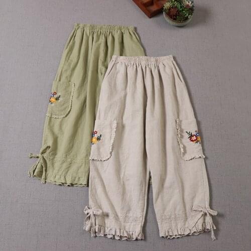 Japan Style Mori Girl Pocket Embroidered Casual Pants Loose Cotton and linen Elastic Waist Cropped wide-leg Pants