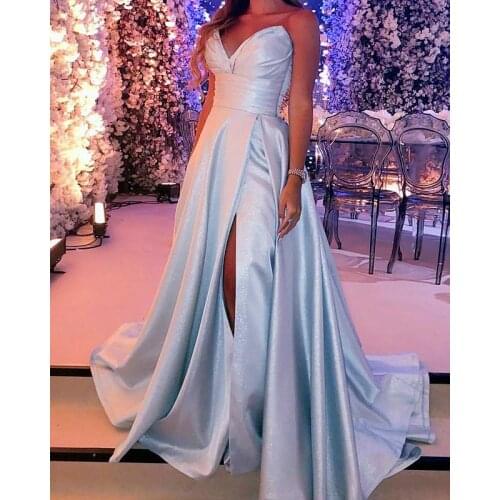 Long Glossy Satin Strapless Prom Dresses 2021 High Split Side Formal Evening Party Dress Robe De Soiree