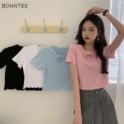 T-shirts Summer Korean Style Sweet Cute Love Heart Hollow Out Crop Tops Bodycon Fashion Casual Streetwear All-match Kawaii Girls