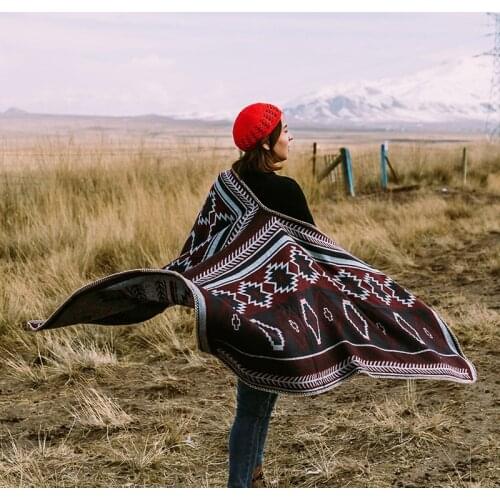 Glamping Carpet Poncho Bohemia Geometric Pattern Tribal Cashmere-Like Women Hand Knit Scarf Retro-Fashion Style Vintage Pashmina
