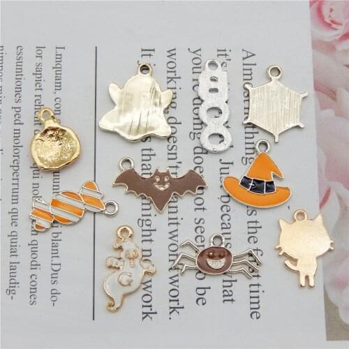 Julie Wang 20pcs Halloween Decor Charms Enamel Alloy Ghost Candy Bat Pumpkin Mixed Pendant Earrings Jewelry Making Accessory