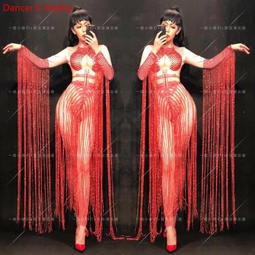 DJ Music Festival Nightclub Bar Stage Wear Red False Perspective Tassel Rhinestone Sexy Pole Dance Body Suit Performance Costume