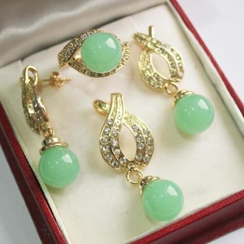 Prett Lovely Womens Wedding Hot! beautiful new jewelry 18KGP + 12mm light green gem pendant, earring, , ring set jewelry