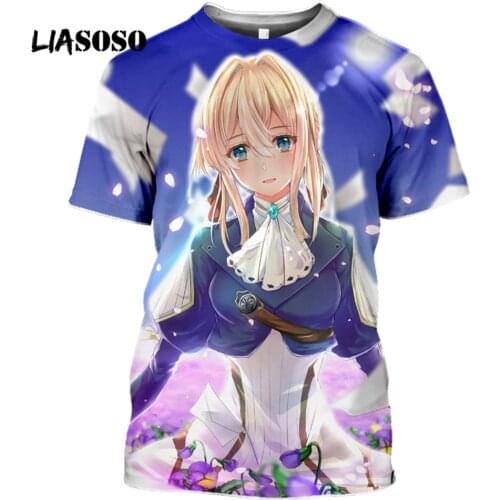 LIASOSO Violet Evergarden T-shirt 3D Print Harajuku Anime Girl Summer Tee Graphic Mens Shirt Women O-neck Top Fashion Streetwear