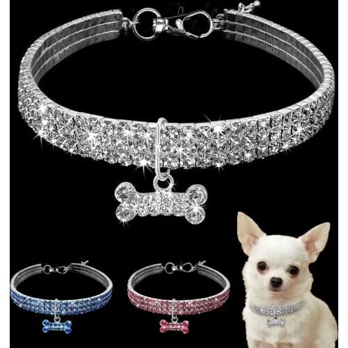 Fashion Bling Cat Dogs Collar Rhinestones Dog Bone Necklace Decoration Pet Collars Adjustable Puppy Collar for Small Large Dogs