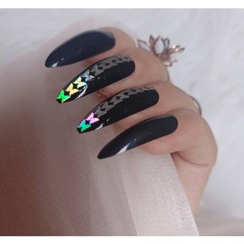24pcs Crystal False Nails Pointed Rhinestones Long Stiletto Acrylic Artificial Nail Art Tips black