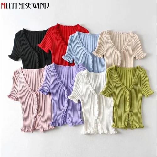 2021 New Spring Summer T Shirt Women Solid Color Knitted Wear Sexy Short Slim Fit Skinny Women Tops Fungus Lace Shirt Women