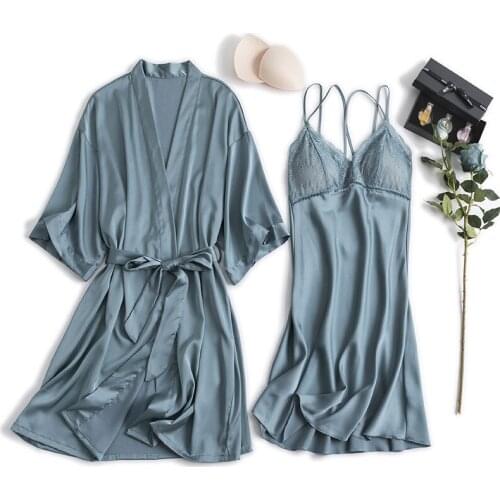 V-Neck Womens 2PCS Pajamas Set Sleepwear Sexy Summer Kimono Nightdress Home Clothing Nightwear Robe Gown Sleep Suit Nightgown