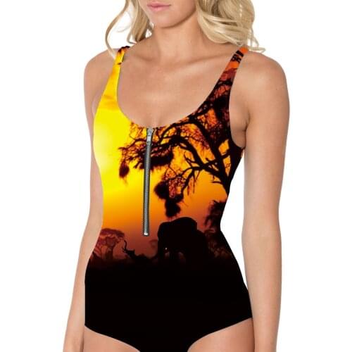 Retails Sunset View Printing Women One Piece SwimSuit With Zipper S To XL Digital Printing Black Swimwears 3XL Suits