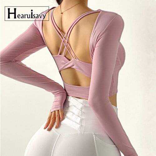 Sexy Back Cross Hollow Out Tight Sport Tops Women Close-Fitting Yoga Shirts Long Sleeve Workout Fitness Crop Top With Chest Pad
