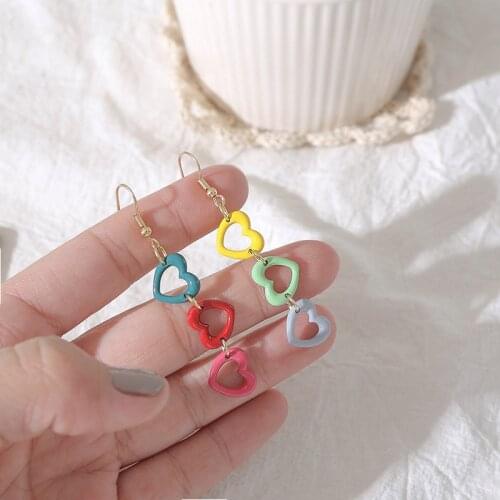 Colorful Heart Long Drop Earrings Korea Rainbow Color Asymmetry Simple Peach Heart Dangle Earrings Gifts For Women Girls Jewelry