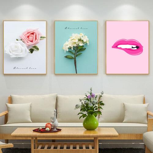 Nordic Modern Minimalist Art Rose Flower Canvas Painting Sexy lips Posters and Prints Minimalist Pictures for Living Room Decor