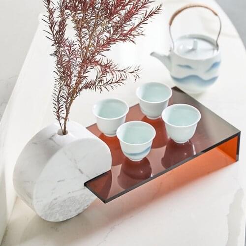Modern Creative Acrylic Tray Floral Ornaments For Home Living Room Study Coffee Table Desk Decoration Round Marble Vase