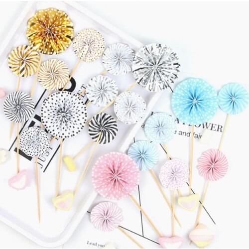 4Pcs Origami Fan Sun Flower Shape Cake Topper Flag Birthday Party Decoration