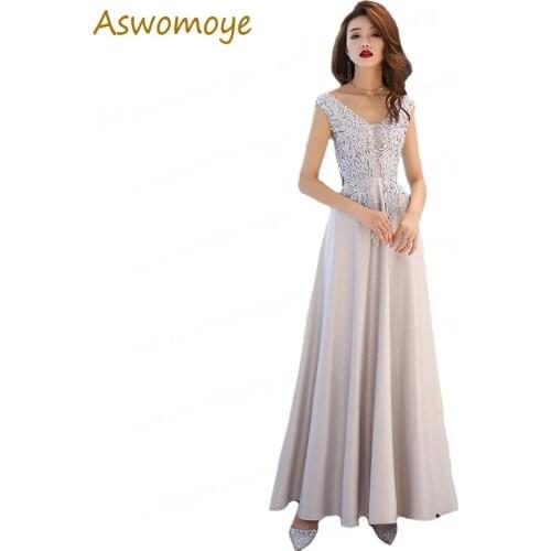 Evening Dresses New Fashion 2019 Noble Elegant Prom Party Dress V-neck a Line Floor Length Silver Banquet Dresses Haute Couture