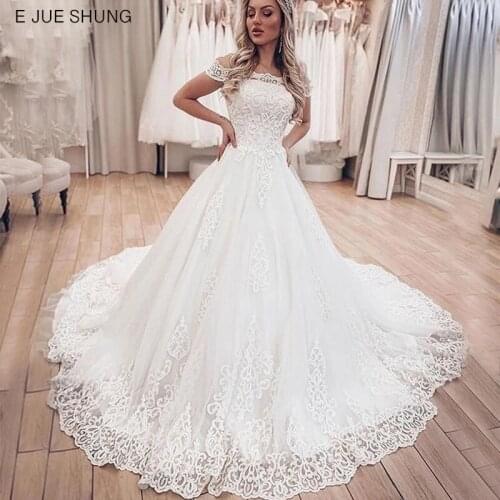 E JUE SHUNG Vintage Lace Appliques Luxury Wedding Dresses Ball Gown Off the Shoulder Wedding Gowns Bridal Dress robe de soiree