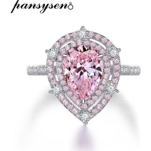 PANSYSEN 100% 925 Sterling Silver 7x10MM Pear Cut Pink Sapphire Simulated Moissanite Gemstone Cocktail Rings for Women Jewelry