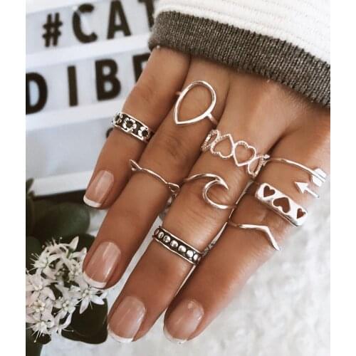 9Pcs/set Vintage Arrow Silver Color Rings For Women Hearts Hollow Geometric Cute Cat Ear Rings Set Wedding Jewelry