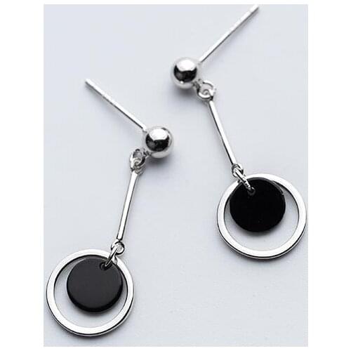 100% Real. 925 Sterling Silver Jewelry Black Enamel Round into the Lucky circle bead dangle Geometric ear earrings C-E6472