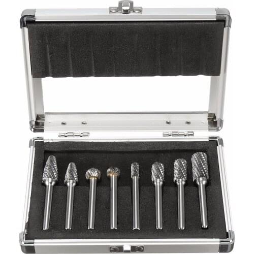 8Pc 1/4'' Shank Double Cut Carbide Rotary Burr Die Grinder Grinding Bit Tool Set with Aluminum Box