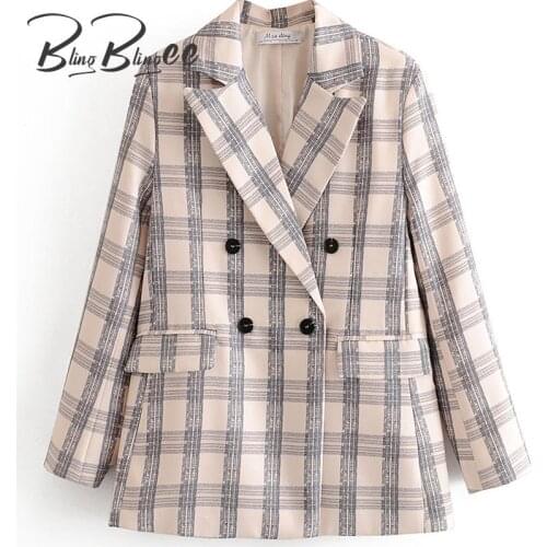 BlingBlingee Plaid Blazers Summer Fashion Double Breasted Notched Collar Long Sleeve Women Suit Jacket Female Office Lady Tops
