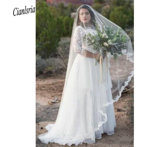 Elegant Three Quarter Sleeves Organza Plus Size Long Wedding Dress 2020 Lace Top Pearl Sashes Country Bridal Wedding Dresses