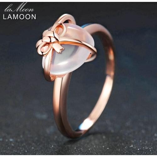 LAMOON 925 Sterling Silver Ring Gemstone Rose Quartz 18K Rose Gold Fine Jewelry Heart Bowknot Wedding Band LMRI051