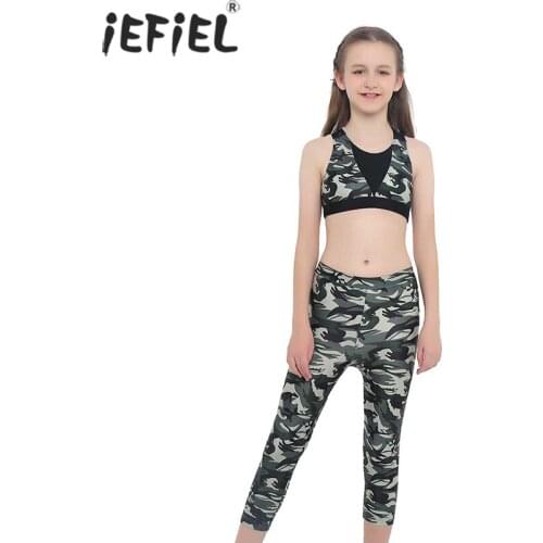 Summer Kids Girls Clothes Camouflage Printed Sleeveless Sport Tank Top Gym Workout Vest with Pants Shorts Girl Tracksuit Clothes