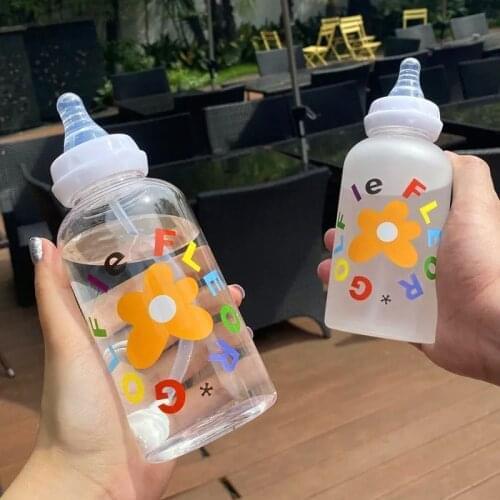 Cute Girl Water Bottle Creative Flowers Pattern Water Bottles Frosted Transparent Travel Drinking Bottle Kids Baby Portable Cup
