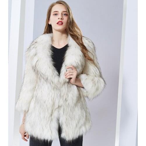 Real raccon dog fur coat medium-long lady knitted Jacket women natural fur coat Luxurious Color Soft Warm lady knitted Jacket