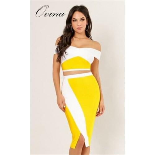 Newest Yellow Sexy Slash Neck Off The Shoulder Mini 2 Pieces Bodycon Bandage Women Sets