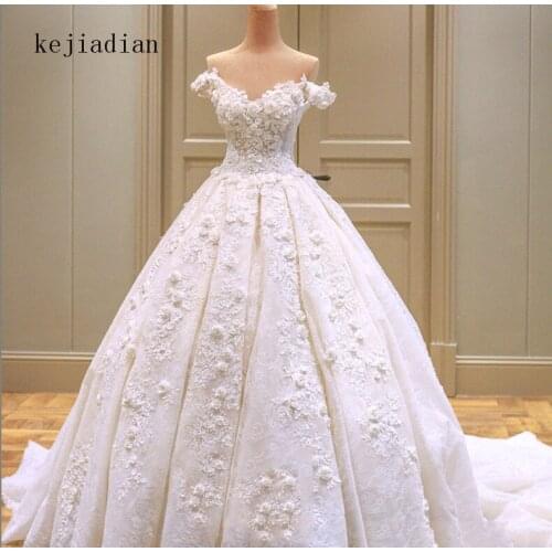 Newest Off The Shoulder Short Sleeve Gorgeous Appliques Flowers Ball Gown Wedding Dress 2021 Real Picture Casamento