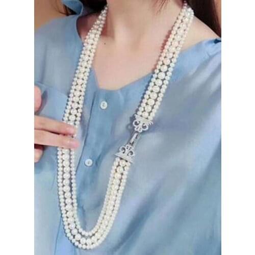Three rows 7-10mm south sea round white pearl necklace 22"23"24" KKK