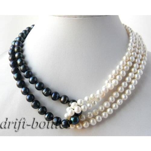 4Strands 18'' Round 6mm White 8mm Black Freshwater Pearl Necklace