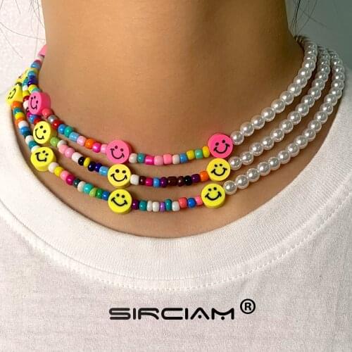 Korean Rainbow Color Smiling Face Asymmetry Pearls Choker Beaded Necklace For Women Rice Beads Baroque Necklaces Girls Jewelry