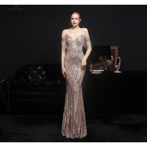 Prom Dresses V-Neck Floor-Length Dresses Woman Party Night Sequin Evening Dresses Mermaid Prom Dress