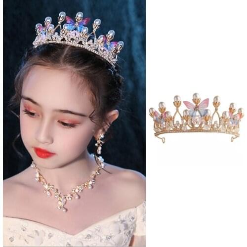 Princess Crown Rhinestone Headband Crystal Butterfly Hair Hoop Vintage Hairband for Kids Stage Performance Costume