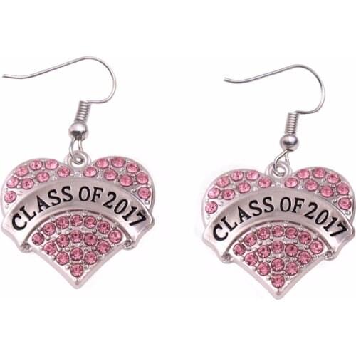 Drop shipping Class of 2017 Crystal Adorned Heart Shaped Pendant French Hook Earrings School Anniversary Gift Earring Jewelry