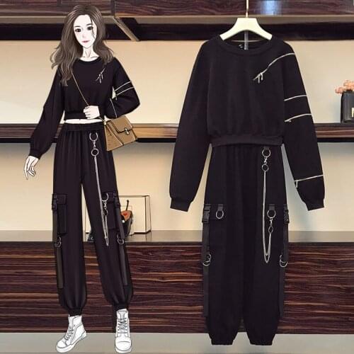 Plus Size Womens Clothing Spring 2021 New Fashion Slimming Sweatshirt And Cargo Pants Streetwear Two Piece Set Tracksuit zh105