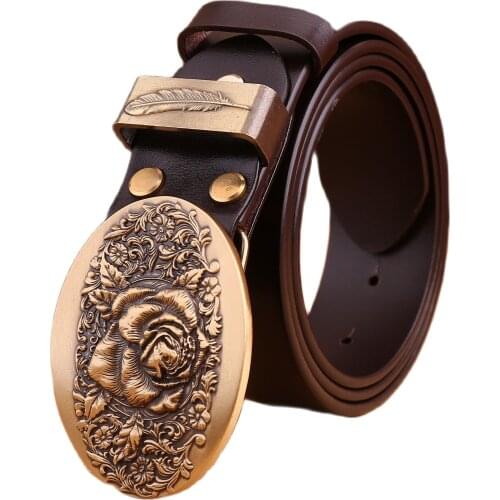 2020 flower belt men high quality full grain cowhide genuine leather waist belt 3.8 cm wide strap belts for women luxury leaf