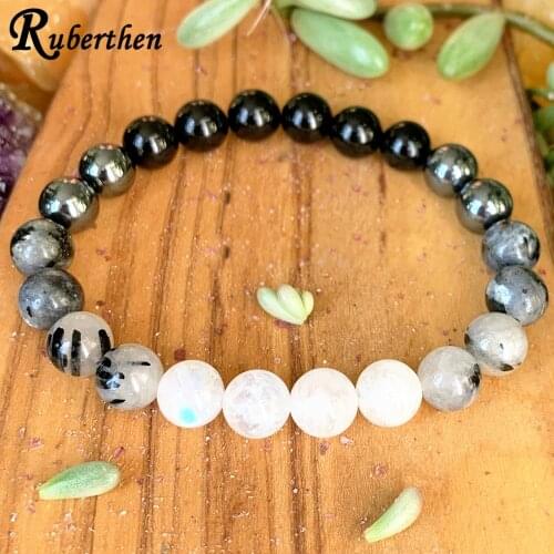 Ruberthen 8 MM Rainbow Moonstone Energy Bracelet Black Tourmaline Hematite Wrist Mala Bracelet Best Yoga Gift for Her