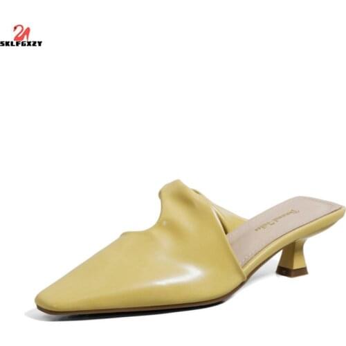 SKLFGXZY Fashion Slippers Women Shoes Pointed Toe Genuine Leather 4Cm Heels Sandals New Style Woman Mules Brand Summer Shoes
