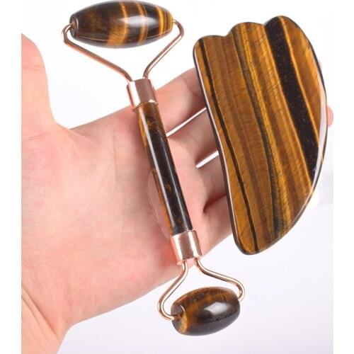 Tiger Eye Sawtooth Roller Shoulder Neck Massager Natural Stone Face Care Gua Sha Massage Set Tool acupuncture Health Beauty