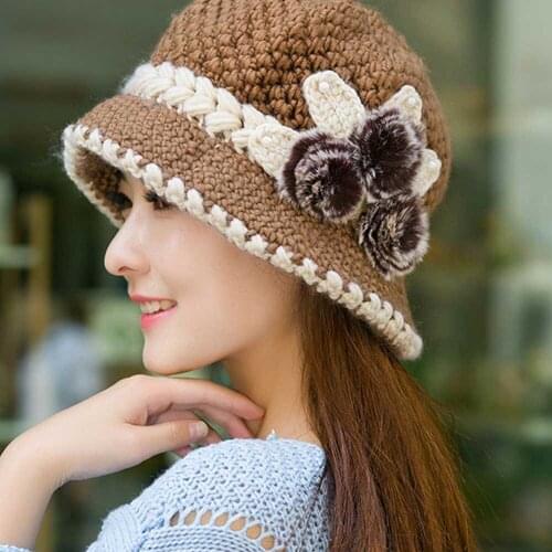 Ladies Beanie Hat Women Autumn Winter Crochet Knitted Flowers Decorated Ear Warm Hats Casual Soft Ski Bonnet Female Wool Cap