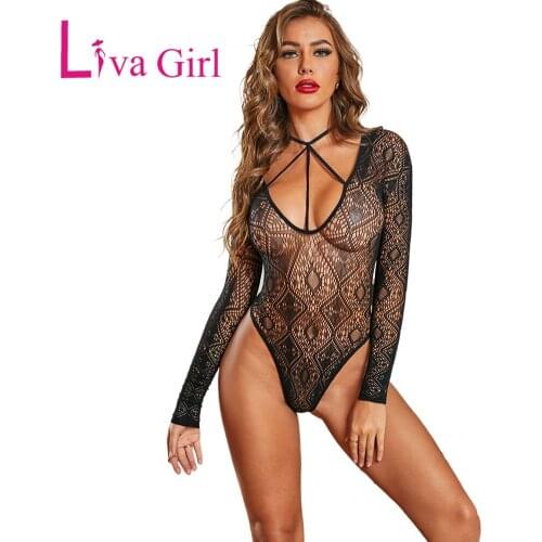 LIVA GIRL Black Crochet Lace Bodysuit Woman Neck Tie Sexy Backless Bodycon Bodysuit Female Long Sleeve Teddy Slim Clothing