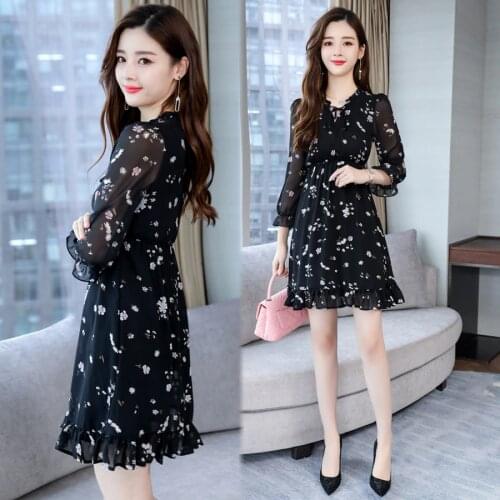 Autumn Winter 3XL Plus Size Floral Chiffon Dress 2021 Vintage Print Long Sleeve Mini Dresses Elegant Women Bodycon Party Vestido