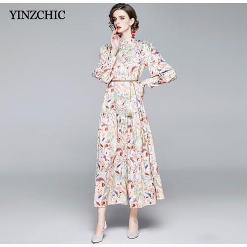 Royal Style Womans Spring Dress Slim A-line Maxi Party Skirt for Office Lady Floral Printed Long Dresses Woman 2021 New Dresses